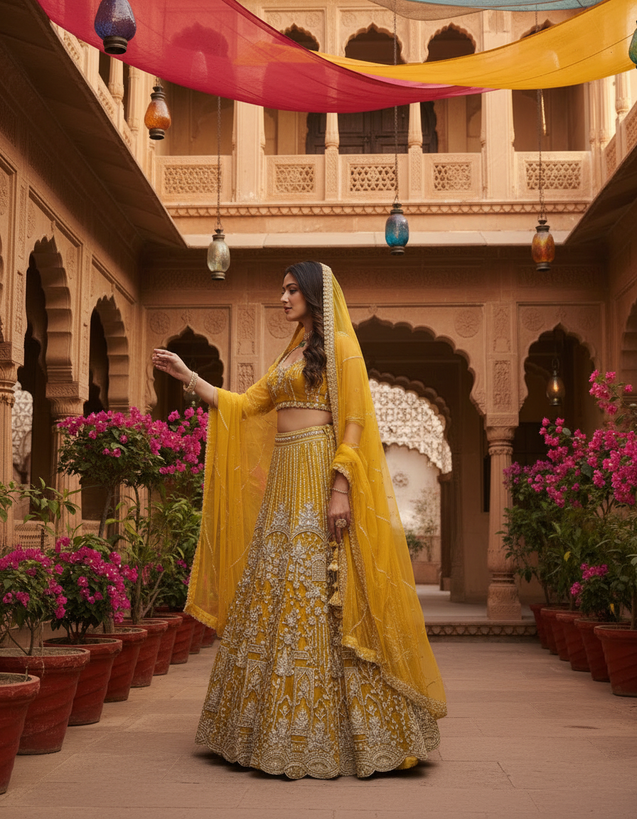 Premium Hand Embroidery Bridal Lehenga- Mustad Yellow