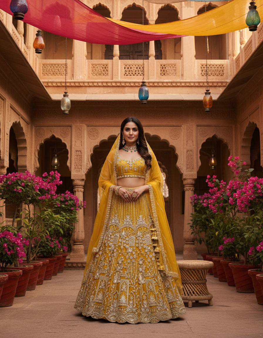 Premium Hand Embroidery Bridal Lehenga- Mustad Yellow