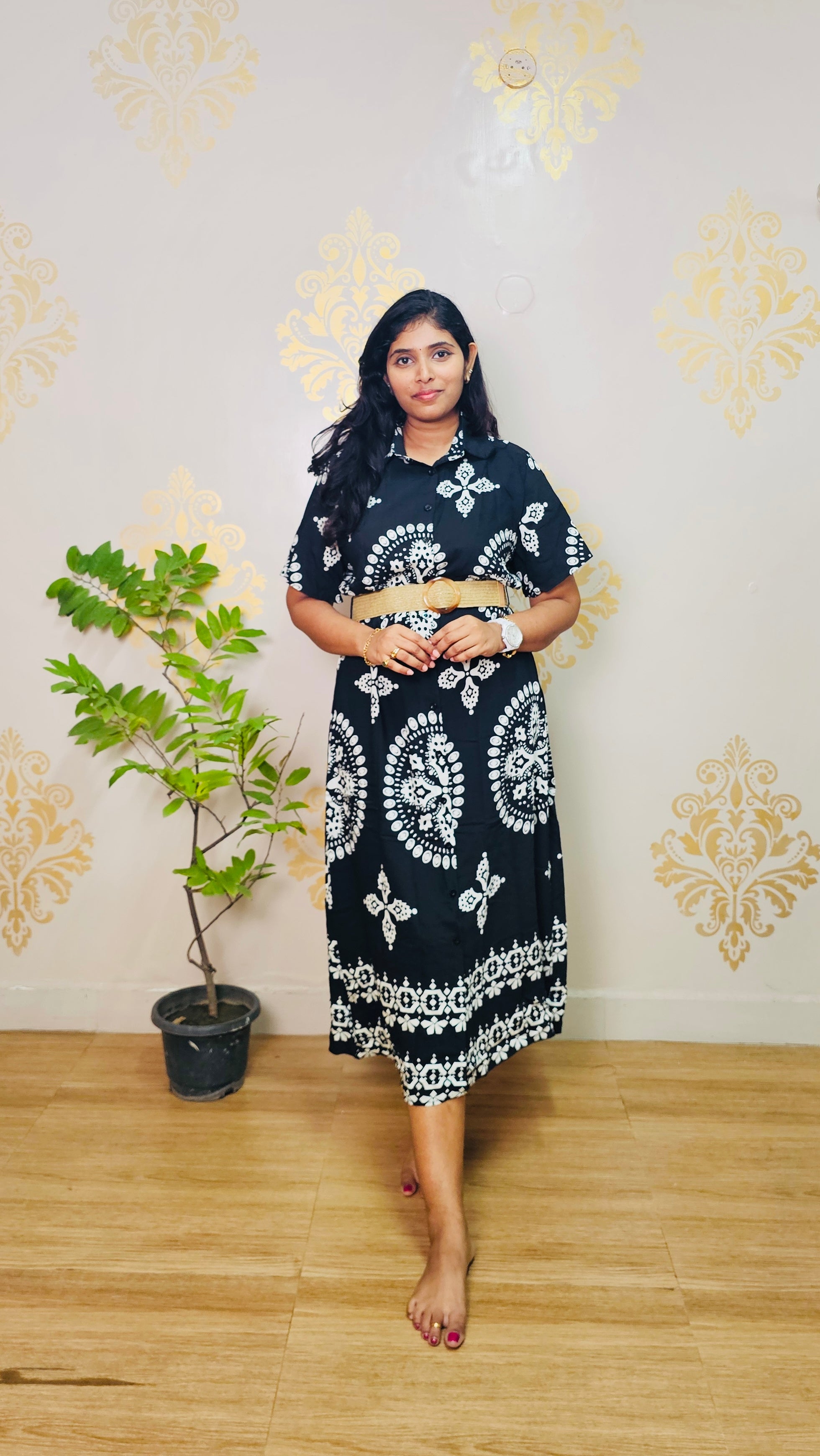 Premium soft  Linen  Black dress with belt