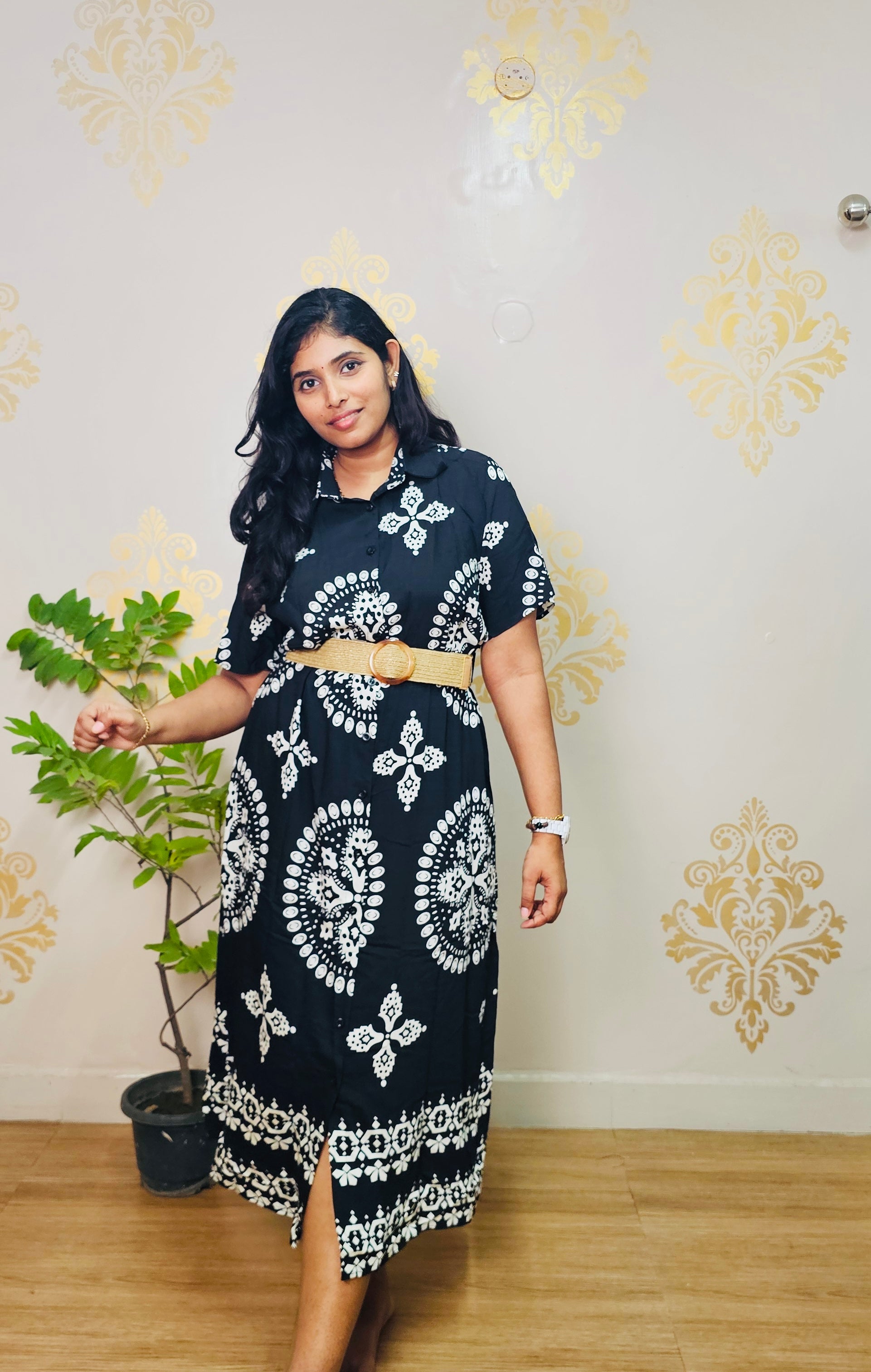 Premium soft  Linen  Black dress with belt