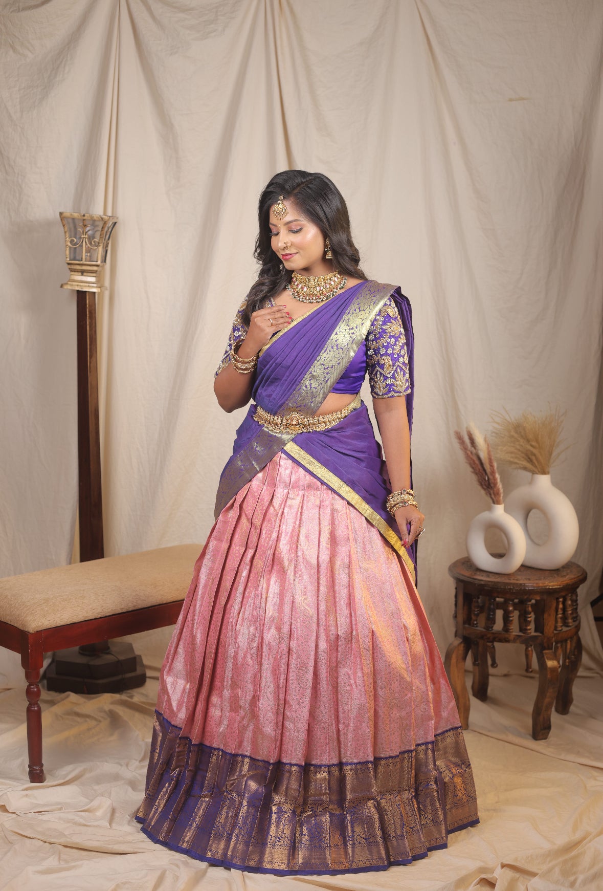 Swathi Muthiyam – Royal Blue and Pastel Pink Kanchipuram Silk Bridal Lehenga