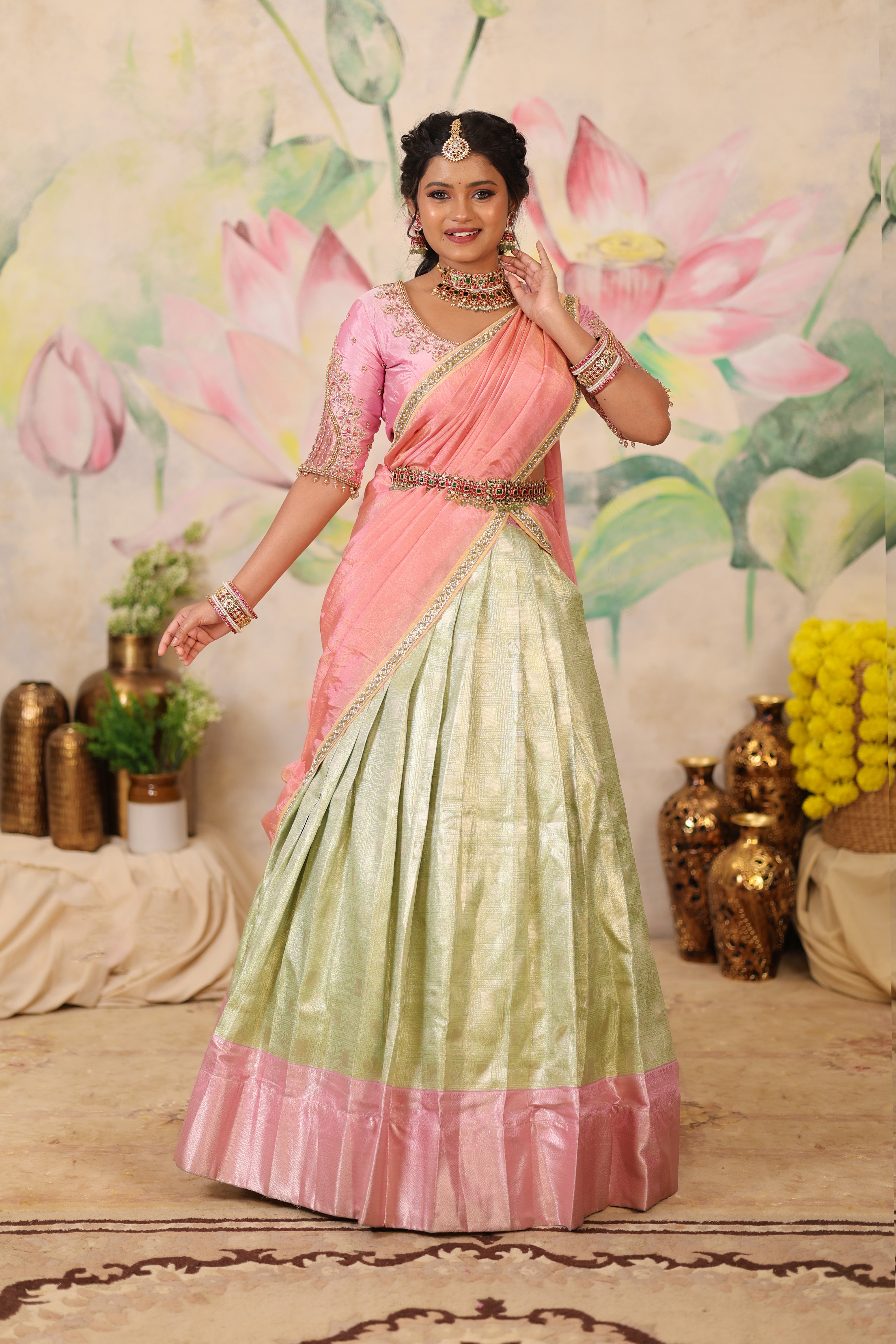 Lakshmi – Pastel Pink &amp; Green Kanjipuram Bridal Lehenga