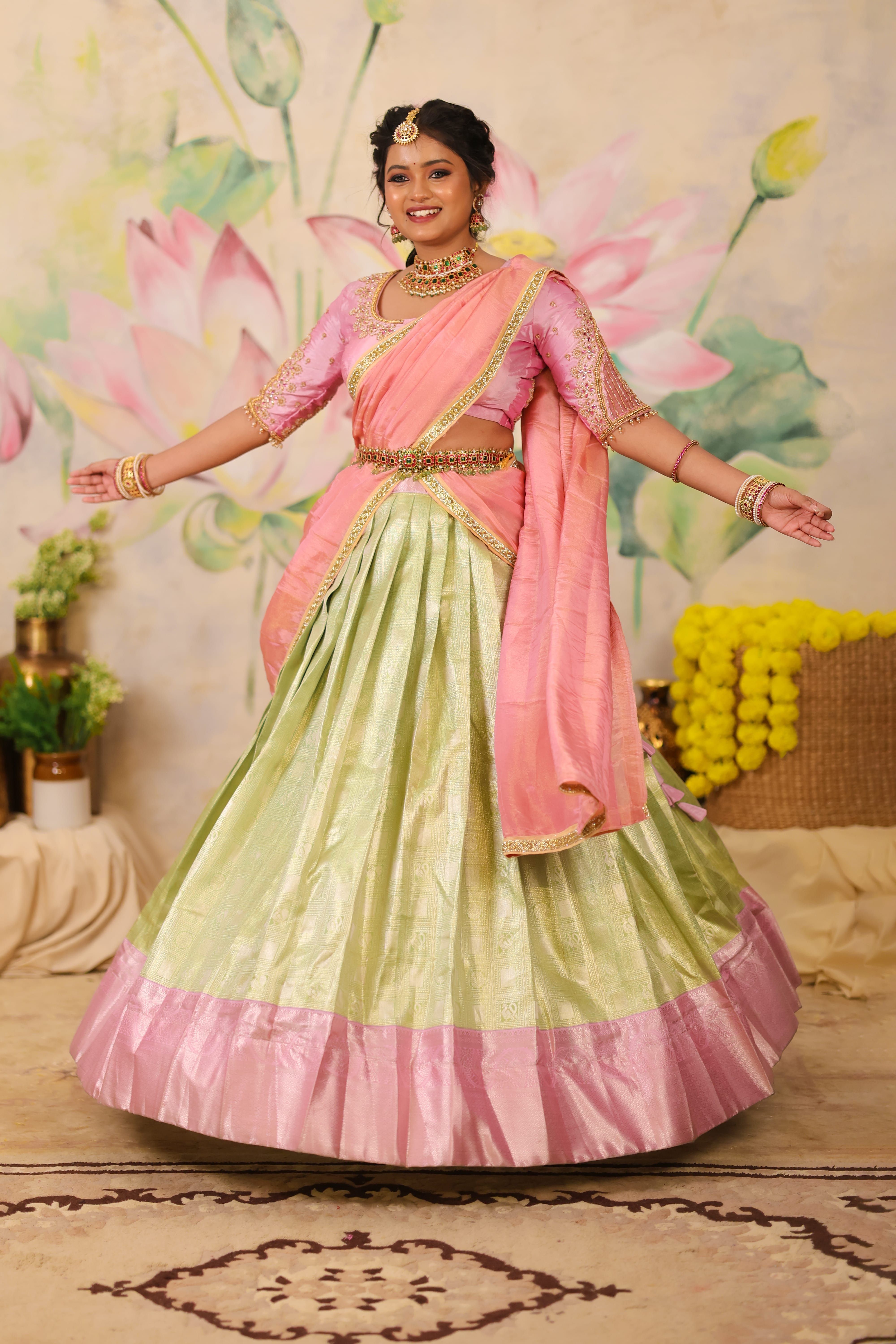 Lakshmi – Pastel Pink &amp; Green Kanjipuram Bridal Lehenga