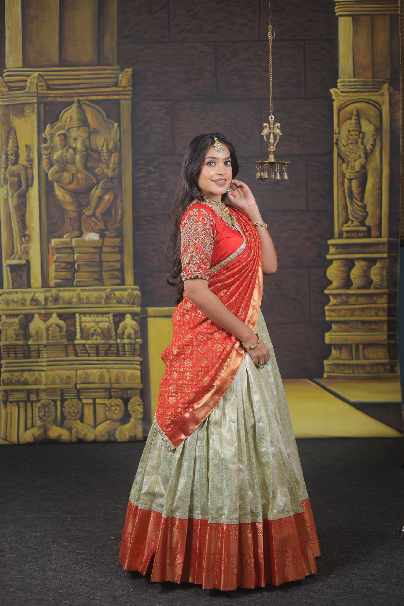 Saraswati – Bright Red and Pastel Green Kanchipuram Silk Bridal Lehenga
