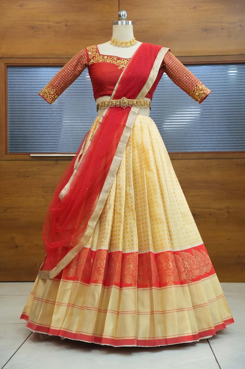 Swathi-Heavy Bridal  Embroidery Litchi  Silk Half Saree